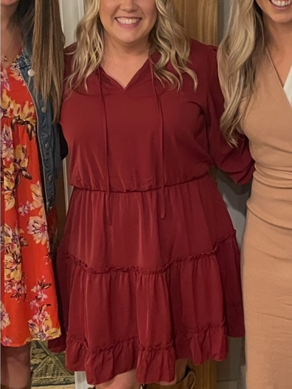 Women's Tiered Long-Sleeve Dress in Deep Red